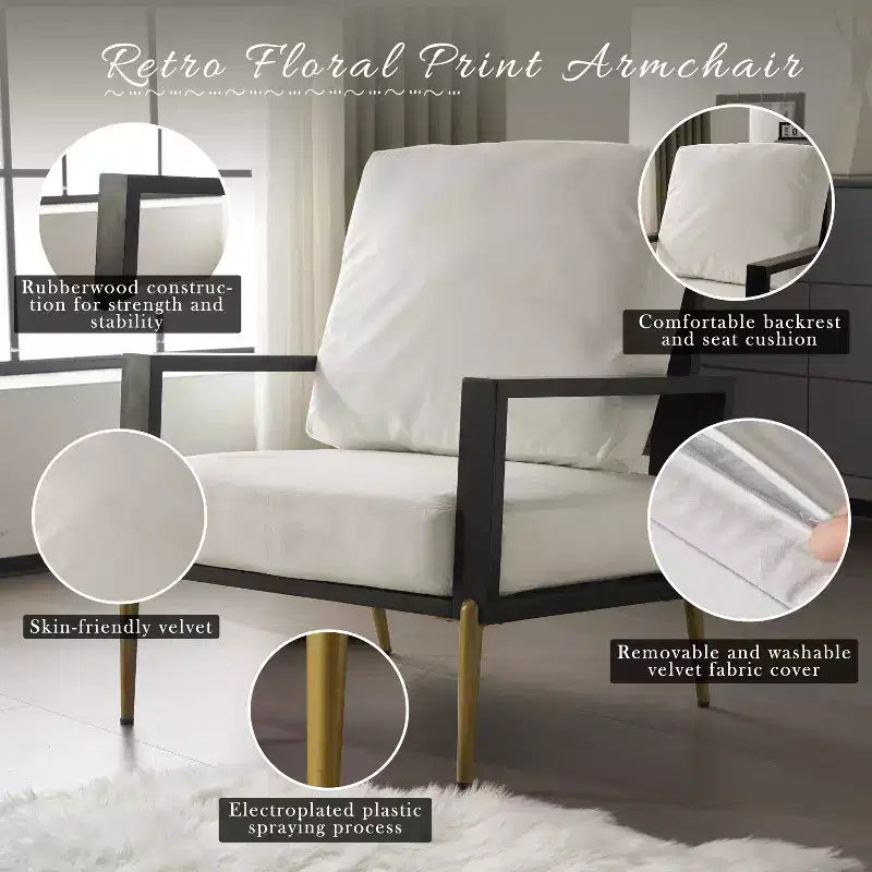 Fauteuil moderne du milieu du siècle en métal et bois d’hévéa, revêtement en velours
