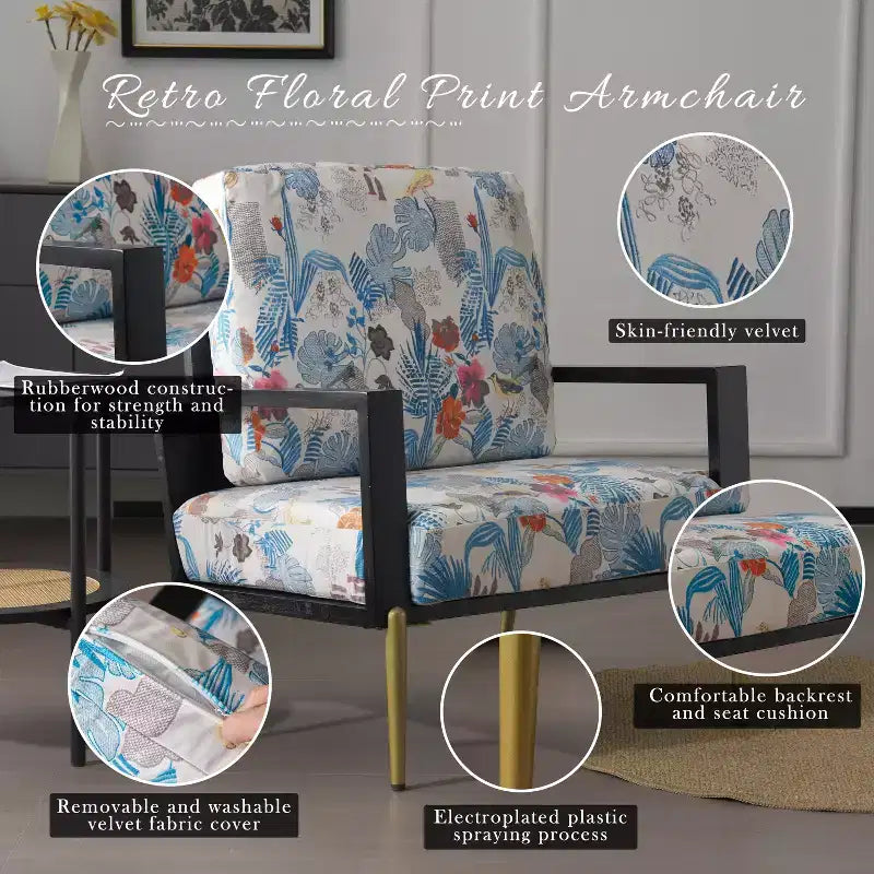 Fauteuil moderne du milieu du siècle en métal et bois d’hévéa, revêtement en velours
