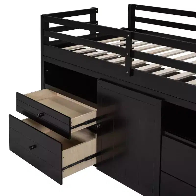 Lit mezzanine moderne pour lit simple, 81.8L x 40.8W, avec 4 tiroirs, armoire et étagères en dessous