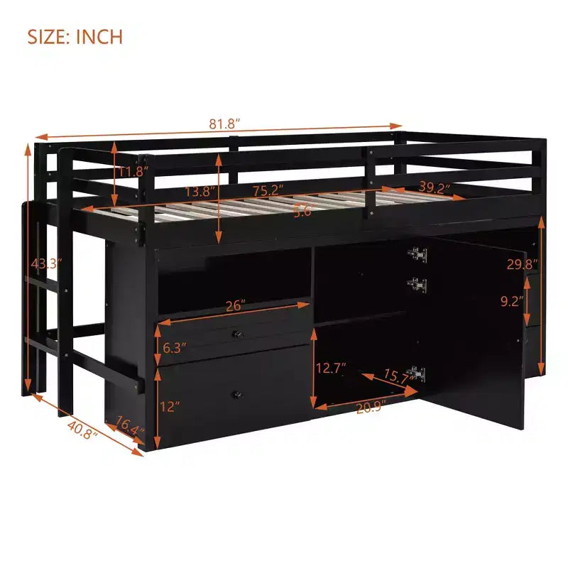 Lit mezzanine moderne pour lit simple, 81.8L x 40.8W, avec 4 tiroirs, armoire et étagères en dessous