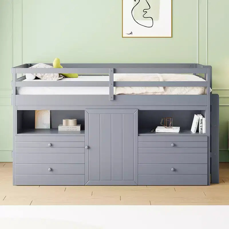 Lit mezzanine moderne pour lit simple, 81.8L x 40.8W, avec 4 tiroirs, armoire et étagères en dessous
