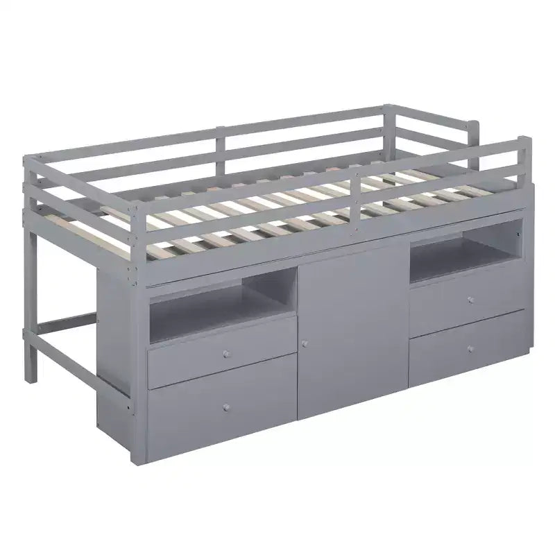 Lit mezzanine moderne pour lit simple, 81.8L x 40.8W, avec 4 tiroirs, armoire et étagères en dessous