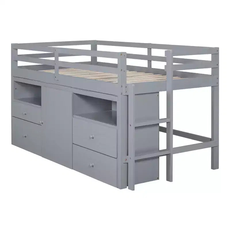 Lit mezzanine moderne pour lit simple, 81.8L x 40.8W, avec 4 tiroirs, armoire et étagères en dessous
