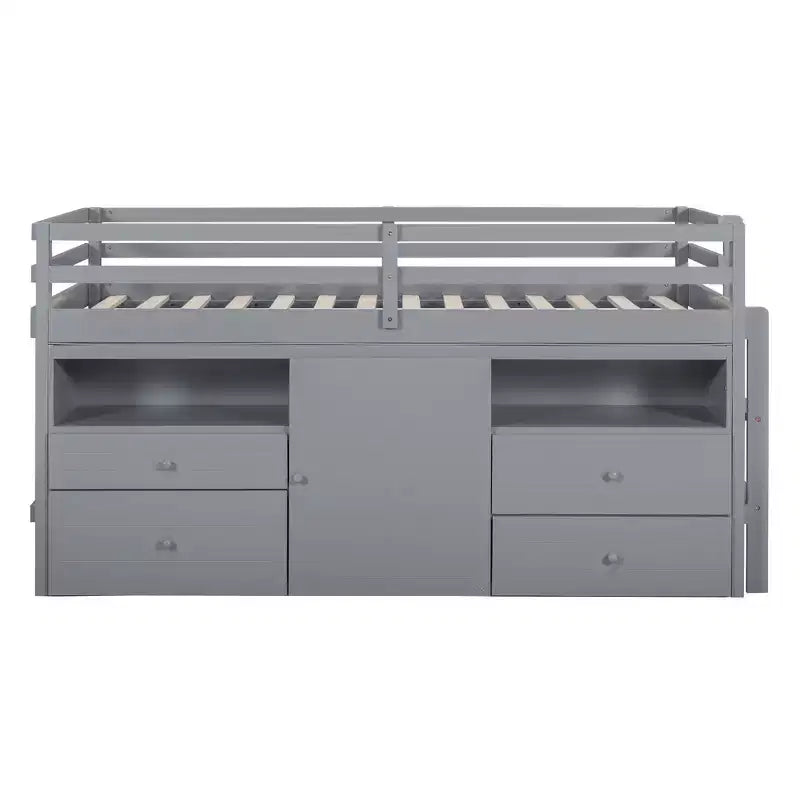 Lit mezzanine moderne pour lit simple, 81.8L x 40.8W, avec 4 tiroirs, armoire et étagères en dessous