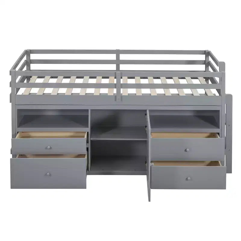 Lit mezzanine moderne pour lit simple, 81.8L x 40.8W, avec 4 tiroirs, armoire et étagères en dessous