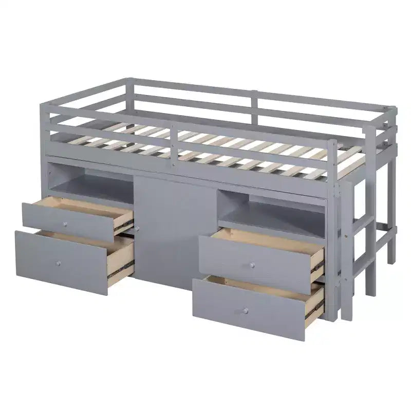 Lit mezzanine moderne pour lit simple, 81.8L x 40.8W, avec 4 tiroirs, armoire et étagères en dessous