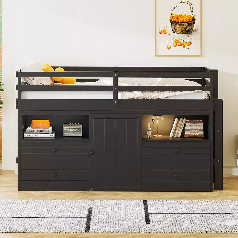 Lit mezzanine moderne pour lit simple, 81.8L x 40.8W, avec 4 tiroirs, armoire et étagères en dessous