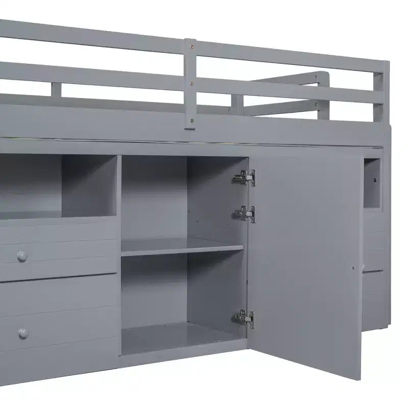 Lit mezzanine moderne pour lit simple, 81.8L x 40.8W, avec 4 tiroirs, armoire et étagères en dessous