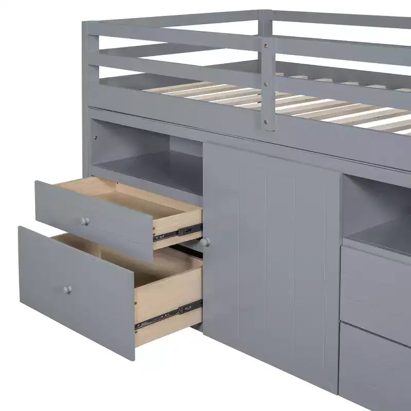 Lit mezzanine moderne pour lit simple, 81.8L x 40.8W, avec 4 tiroirs, armoire et étagères en dessous
