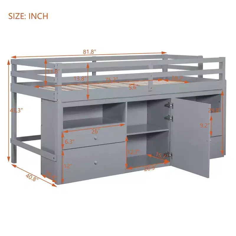 Lit mezzanine moderne pour lit simple, 81.8L x 40.8W, avec 4 tiroirs, armoire et étagères en dessous