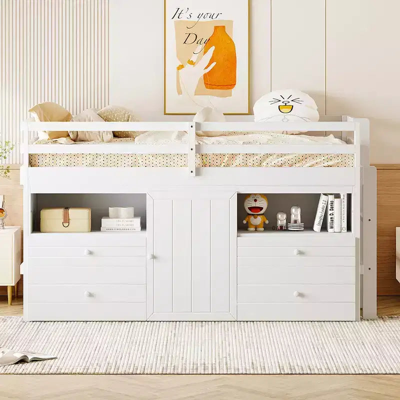 Lit mezzanine moderne pour lit simple, 81.8L x 40.8W, avec 4 tiroirs, armoire et étagères en dessous