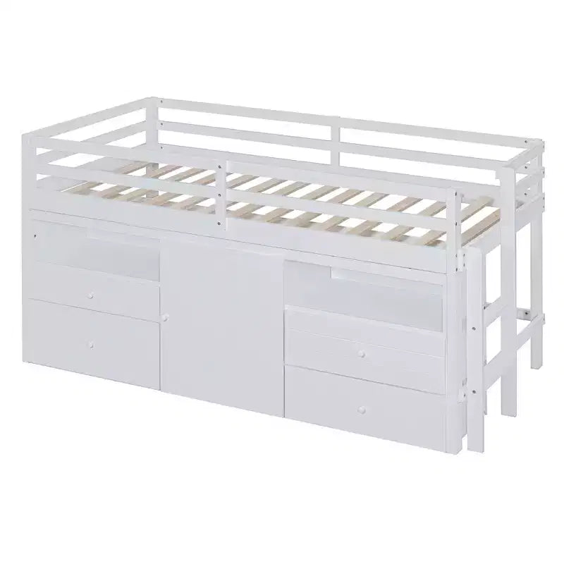 Lit mezzanine moderne pour lit simple, 81.8L x 40.8W, avec 4 tiroirs, armoire et étagères en dessous