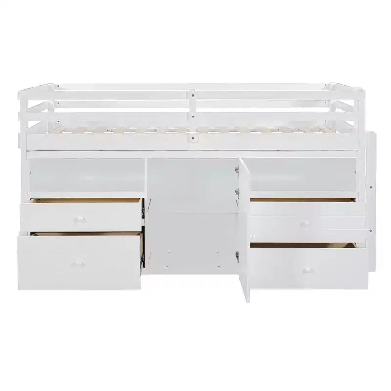 Lit mezzanine moderne pour lit simple, 81.8L x 40.8W, avec 4 tiroirs, armoire et étagères en dessous