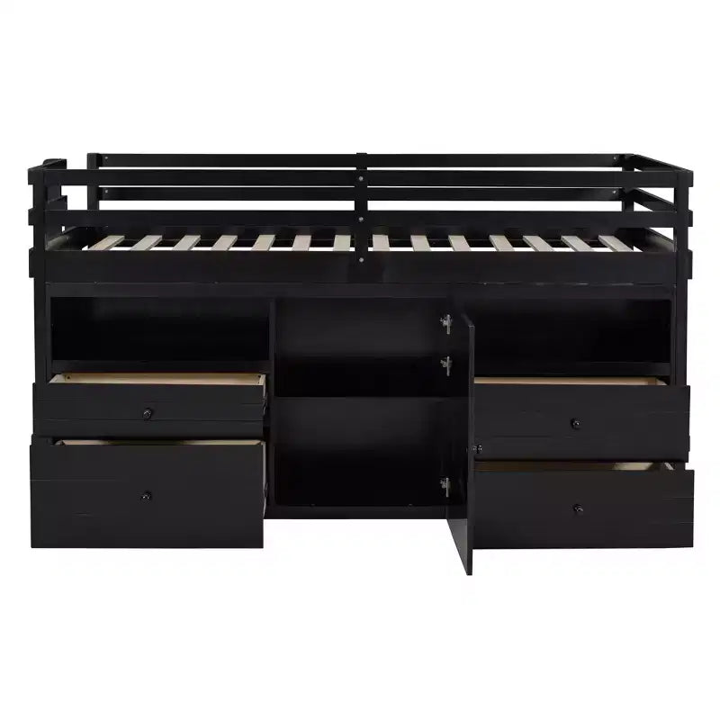 Lit mezzanine moderne pour lit simple, 81.8L x 40.8W, avec 4 tiroirs, armoire et étagères en dessous