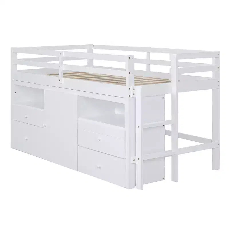 Lit mezzanine moderne pour lit simple, 81.8L x 40.8W, avec 4 tiroirs, armoire et étagères en dessous