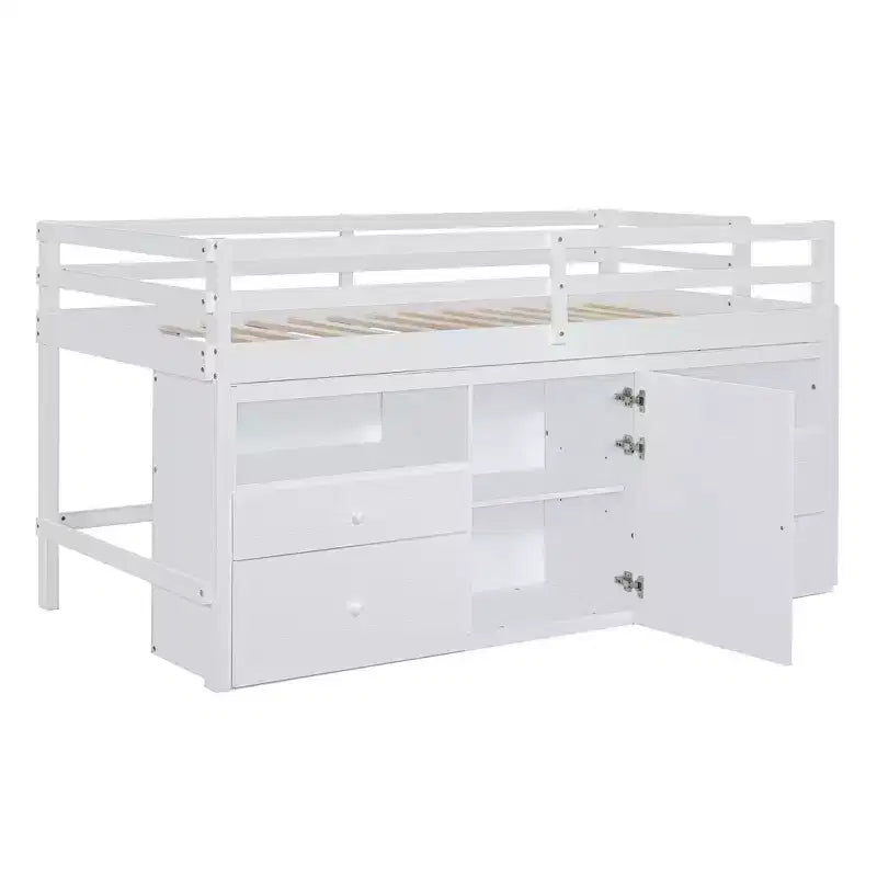 Lit mezzanine moderne pour lit simple, 81.8L x 40.8W, avec 4 tiroirs, armoire et étagères en dessous