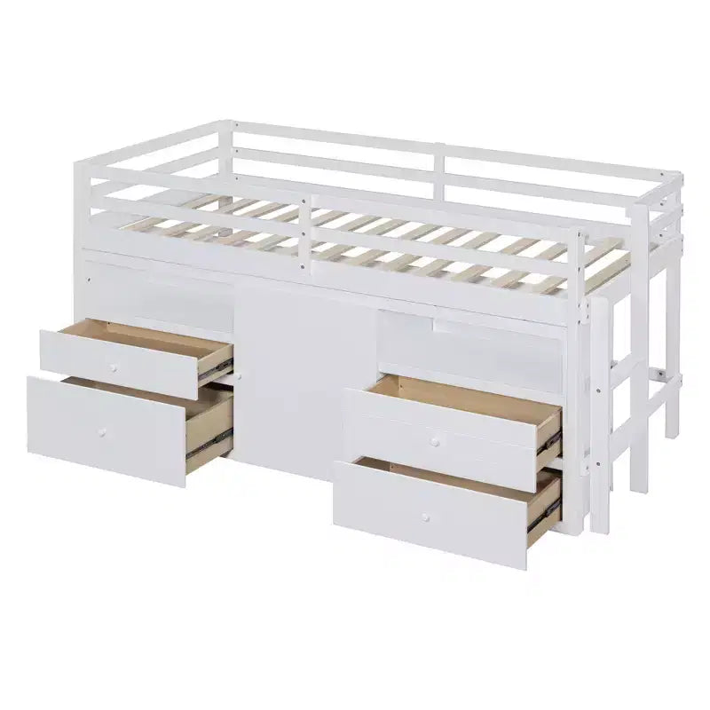 Lit mezzanine moderne pour lit simple, 81.8L x 40.8W, avec 4 tiroirs, armoire et étagères en dessous