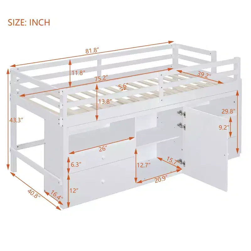 Lit mezzanine moderne pour lit simple, 81.8L x 40.8W, avec 4 tiroirs, armoire et étagères en dessous