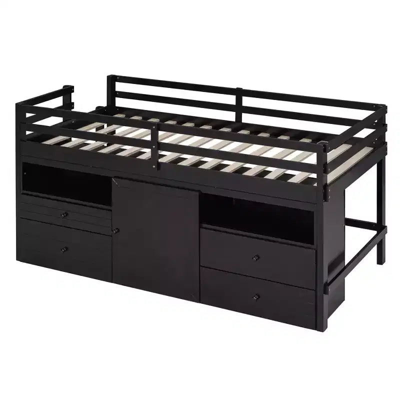 Lit mezzanine moderne pour lit simple, 81.8L x 40.8W, avec 4 tiroirs, armoire et étagères en dessous