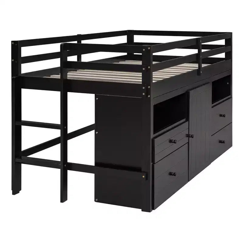 Lit mezzanine moderne pour lit simple, 81.8L x 40.8W, avec 4 tiroirs, armoire et étagères en dessous