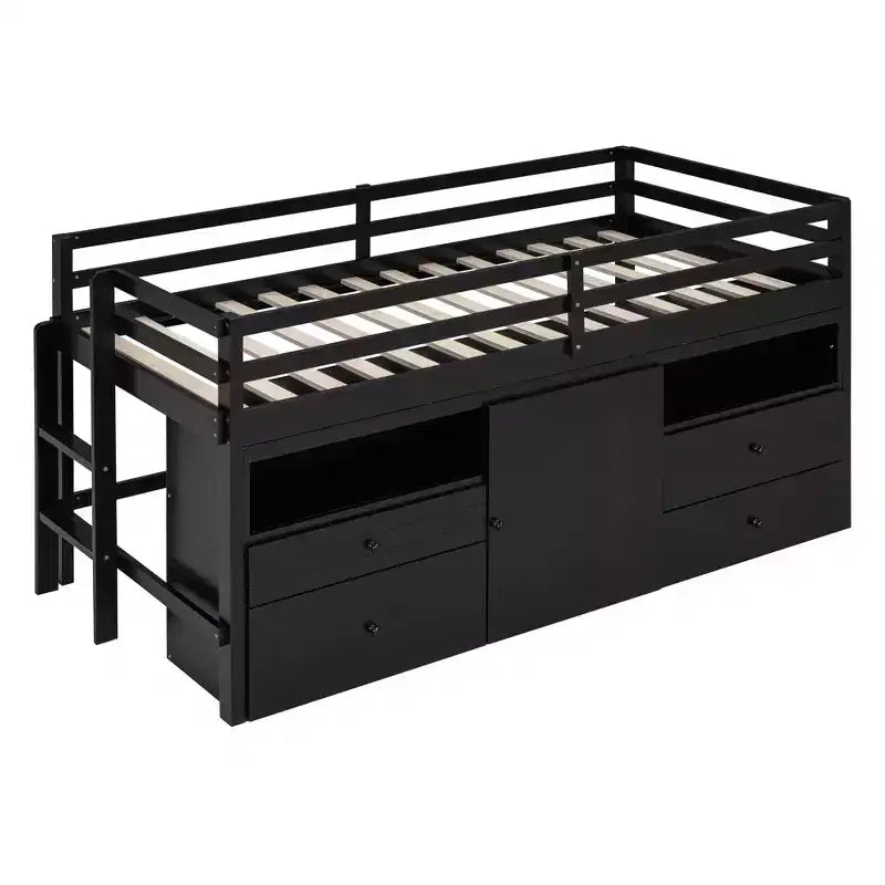 Lit mezzanine moderne pour lit simple, 81.8L x 40.8W, avec 4 tiroirs, armoire et étagères en dessous