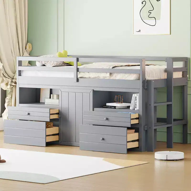 Lit mezzanine moderne pour lit simple, 81.8L x 40.8W, avec 4 tiroirs, armoire et étagères en dessous