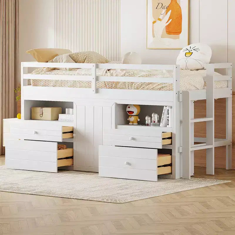 Lit mezzanine moderne pour lit simple, 81.8L x 40.8W, avec 4 tiroirs, armoire et étagères en dessous