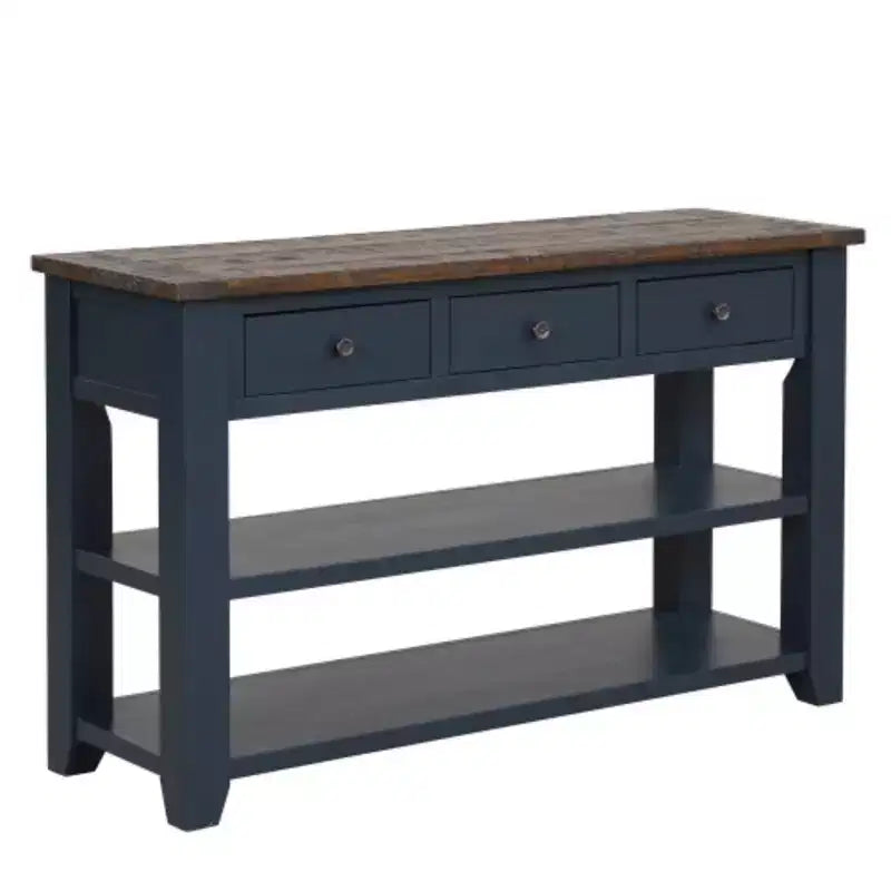 Console robuste en bois de pin, table d’entrée et de canapé contemporaine avec trois tiroirs et deux étagères, montage simple