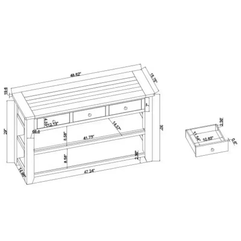 Console robuste en bois de pin, table d’entrée et de canapé contemporaine avec trois tiroirs et deux étagères, montage simple