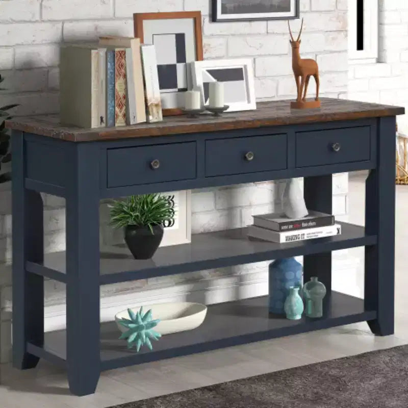 Console robuste en bois de pin, table d’entrée et de canapé contemporaine avec trois tiroirs et deux étagères, montage simple