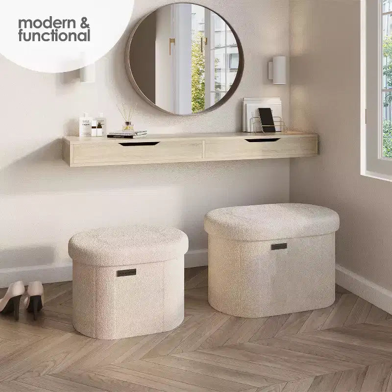 Banc de rangement pour chambre, au pied du lit, rangement ovale en tissu bouclé, grand pouf de rangement, banc d’entrée avec rangement
