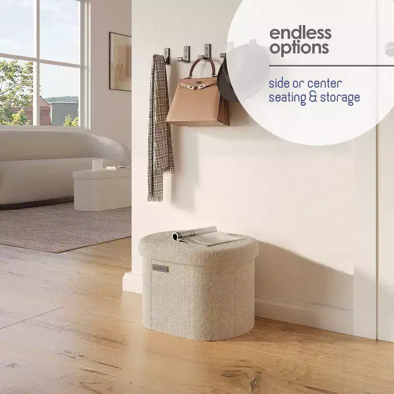 Banc de rangement pour chambre, au pied du lit, rangement ovale en tissu bouclé, grand pouf de rangement, banc d’entrée avec rangement