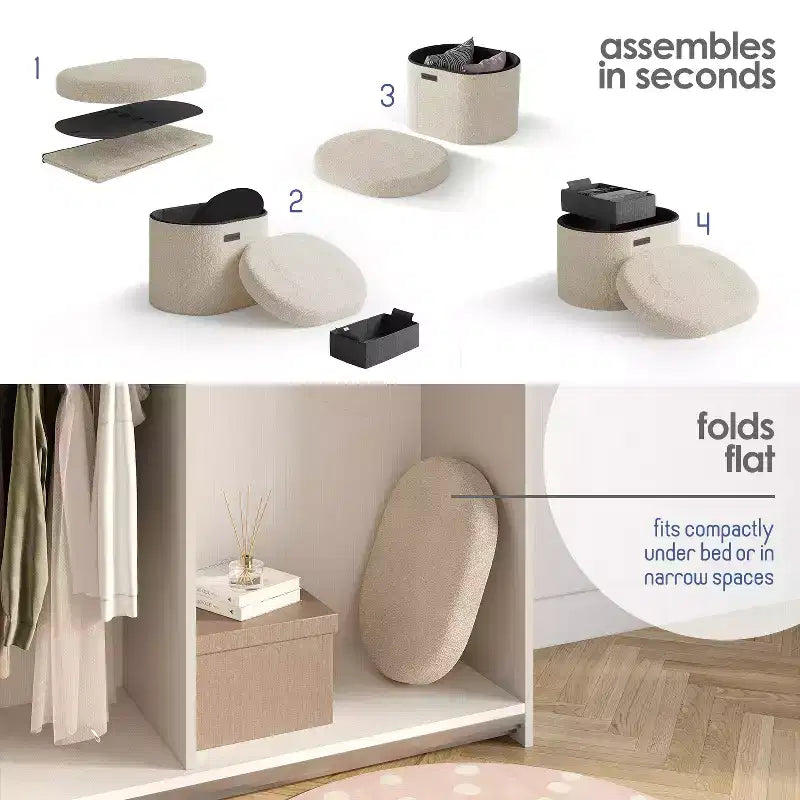 Banc de rangement pour chambre, au pied du lit, rangement ovale en tissu bouclé, grand pouf de rangement, banc d’entrée avec rangement