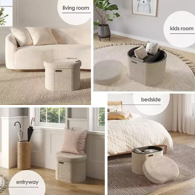 Banc de rangement pour chambre, au pied du lit, rangement ovale en tissu bouclé, grand pouf de rangement, banc d’entrée avec rangement