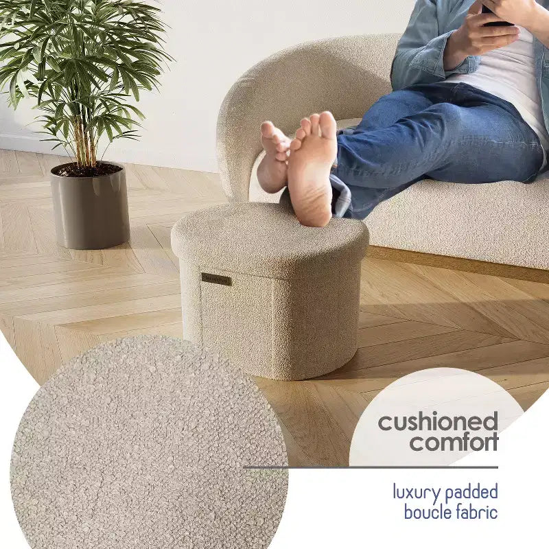 Banc de rangement pour chambre, au pied du lit, rangement ovale en tissu bouclé, grand pouf de rangement, banc d’entrée avec rangement