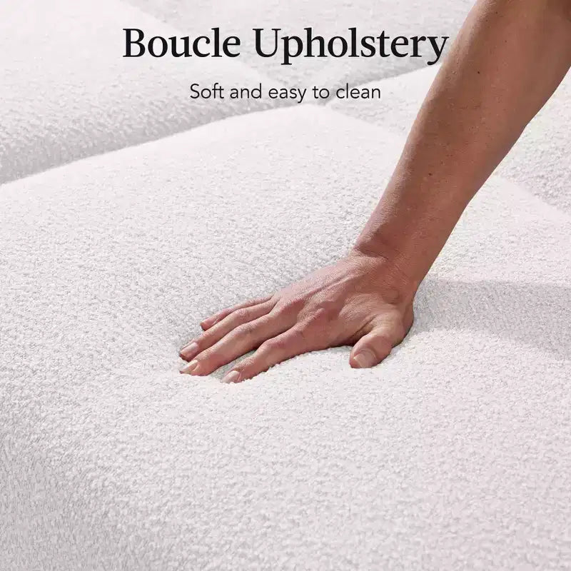 Geschwungenes, umwandelbares Futonbett, Bouclé-Stoff, geteilte Rückenlehne