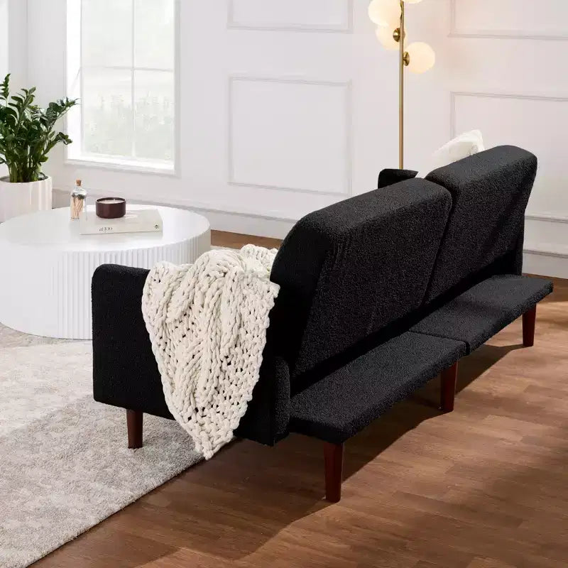 Geschwungenes, umwandelbares Futonbett, Bouclé-Stoff, geteilte Rückenlehne