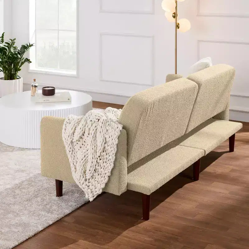 Geschwungenes, umwandelbares Futonbett, Bouclé-Stoff, geteilte Rückenlehne