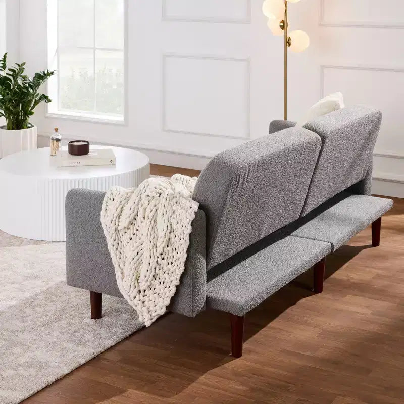 Geschwungenes, umwandelbares Futonbett, Bouclé-Stoff, geteilte Rückenlehne
