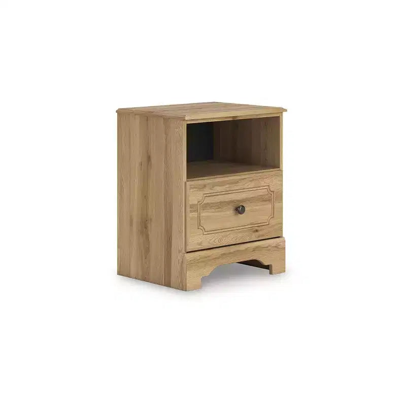 Signature Design by Ashley Bestmere One Drawer Nightstand - Warm Brown Oak Grain Finish, USB-A & USB-C Charging, Open Shelf Storage