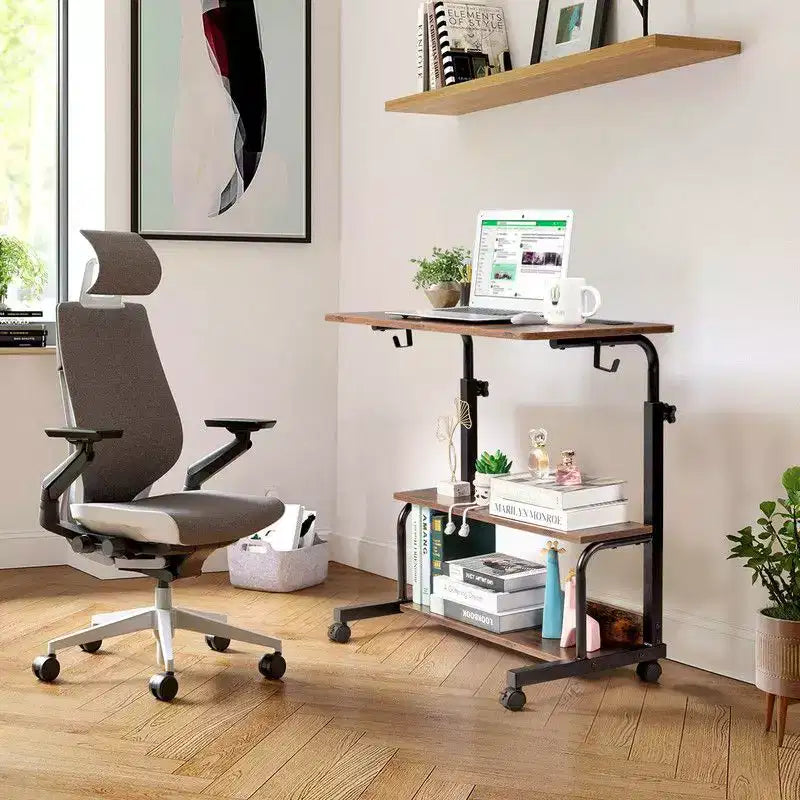 Bureau informatique roulant et réglable en hauteur en bois PB et acier, table d’appoint pour ordinateur portable, table de bout avec station de recharge, 2 ports USB et prises - marron