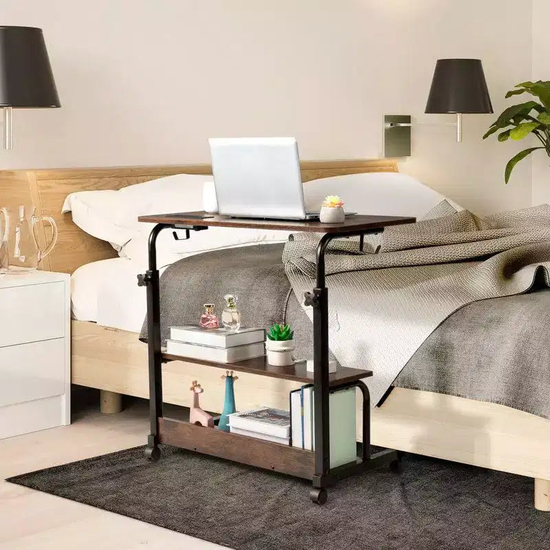 Bureau informatique roulant et réglable en hauteur en bois PB et acier, table d’appoint pour ordinateur portable, table de bout avec station de recharge, 2 ports USB et prises - marron