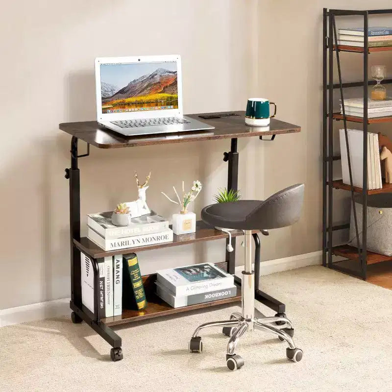 Bureau informatique roulant et réglable en hauteur en bois PB et acier, table d’appoint pour ordinateur portable, table de bout avec station de recharge, 2 ports USB et prises - marron
