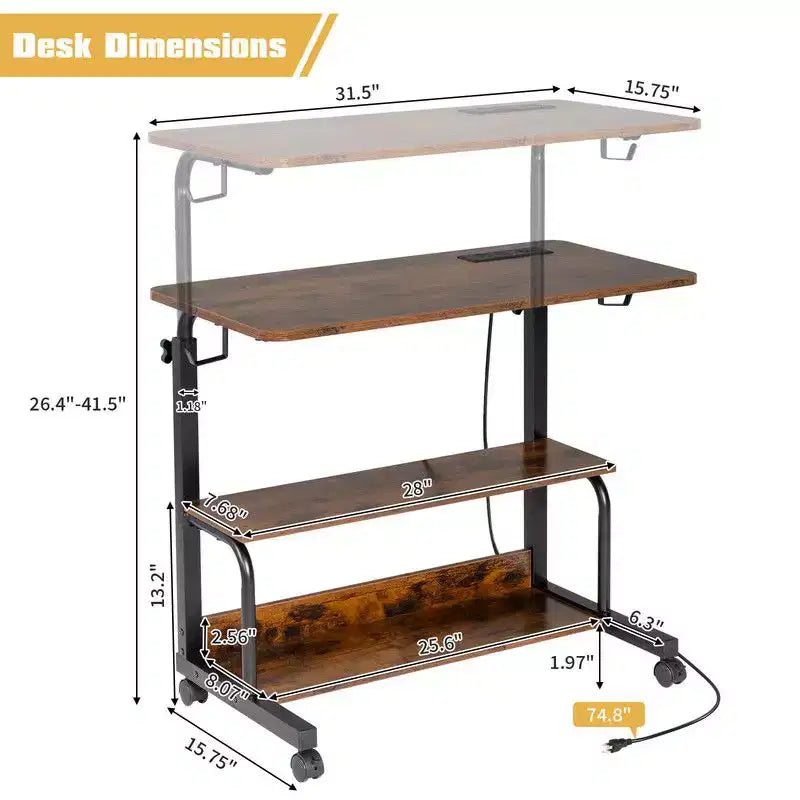 Bureau informatique roulant et réglable en hauteur en bois PB et acier, table d’appoint pour ordinateur portable, table de bout avec station de recharge, 2 ports USB et prises - marron