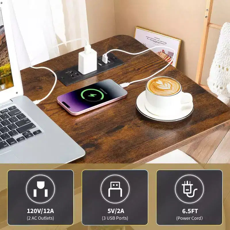 Bureau informatique roulant et réglable en hauteur en bois PB et acier, table d’appoint pour ordinateur portable, table de bout avec station de recharge, 2 ports USB et prises - marron