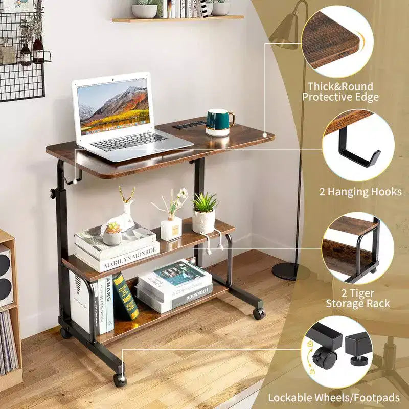 Bureau informatique roulant et réglable en hauteur en bois PB et acier, table d’appoint pour ordinateur portable, table de bout avec station de recharge, 2 ports USB et prises - marron