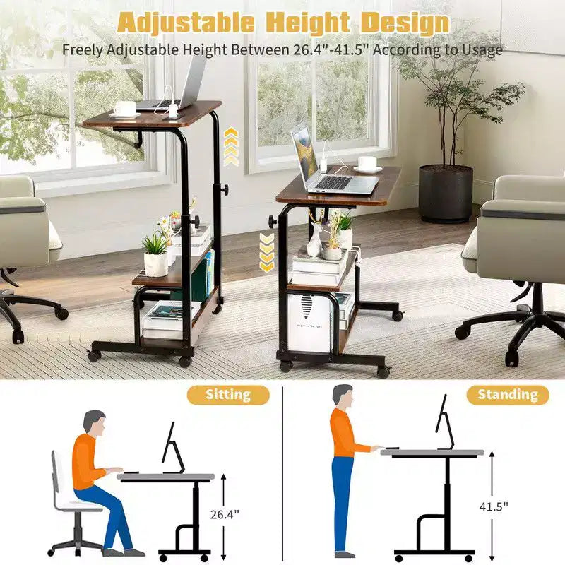 Bureau informatique roulant et réglable en hauteur en bois PB et acier, table d’appoint pour ordinateur portable, table de bout avec station de recharge, 2 ports USB et prises - marron