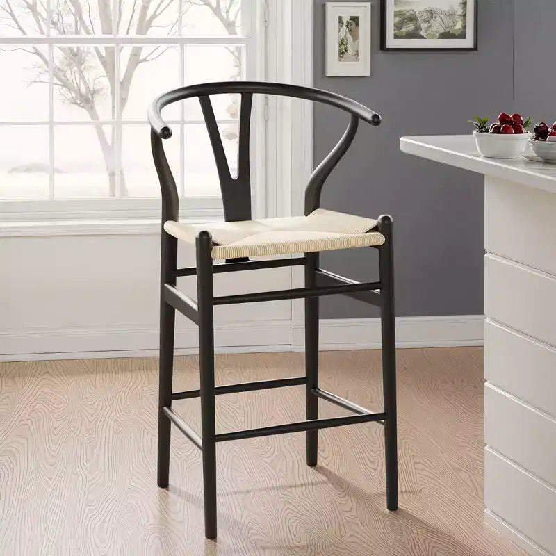 Tabouret de bar beige entièrement assemblé, tressage en forme de wishbone, moderne et robuste, pour îlot de cuisine
