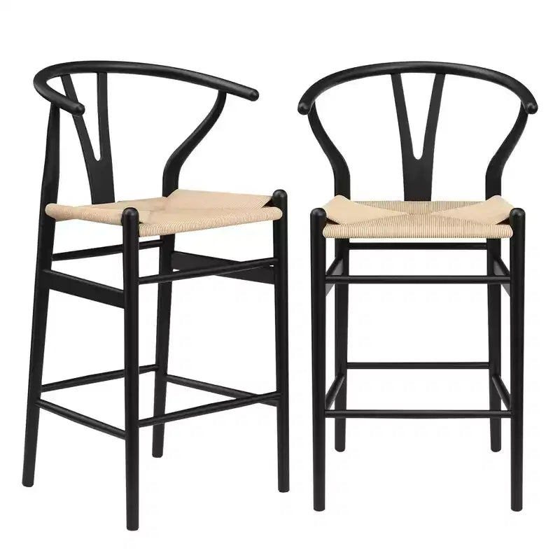 Taburete de bar tejido estilo wishbone, color beige, completamente ensamblado, moderno y resistente, para isla de cocina