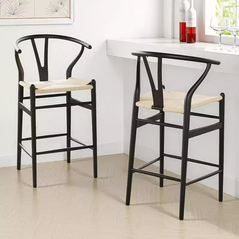 Taburete de bar tejido estilo wishbone, color beige, completamente ensamblado, moderno y resistente, para isla de cocina
